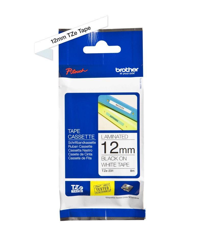 Cinta Brother TZE231 Negro en Blanco, 12mm x 8m