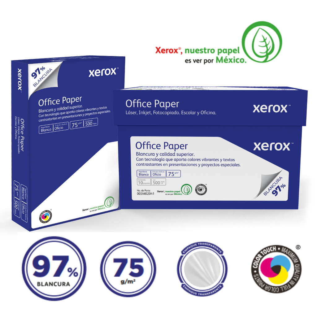 Papel Bond Xerox Office Paper Oficio 75 g/m² 97% de Blancura Caja con 10 Paquetes de 500 Hojas c/u