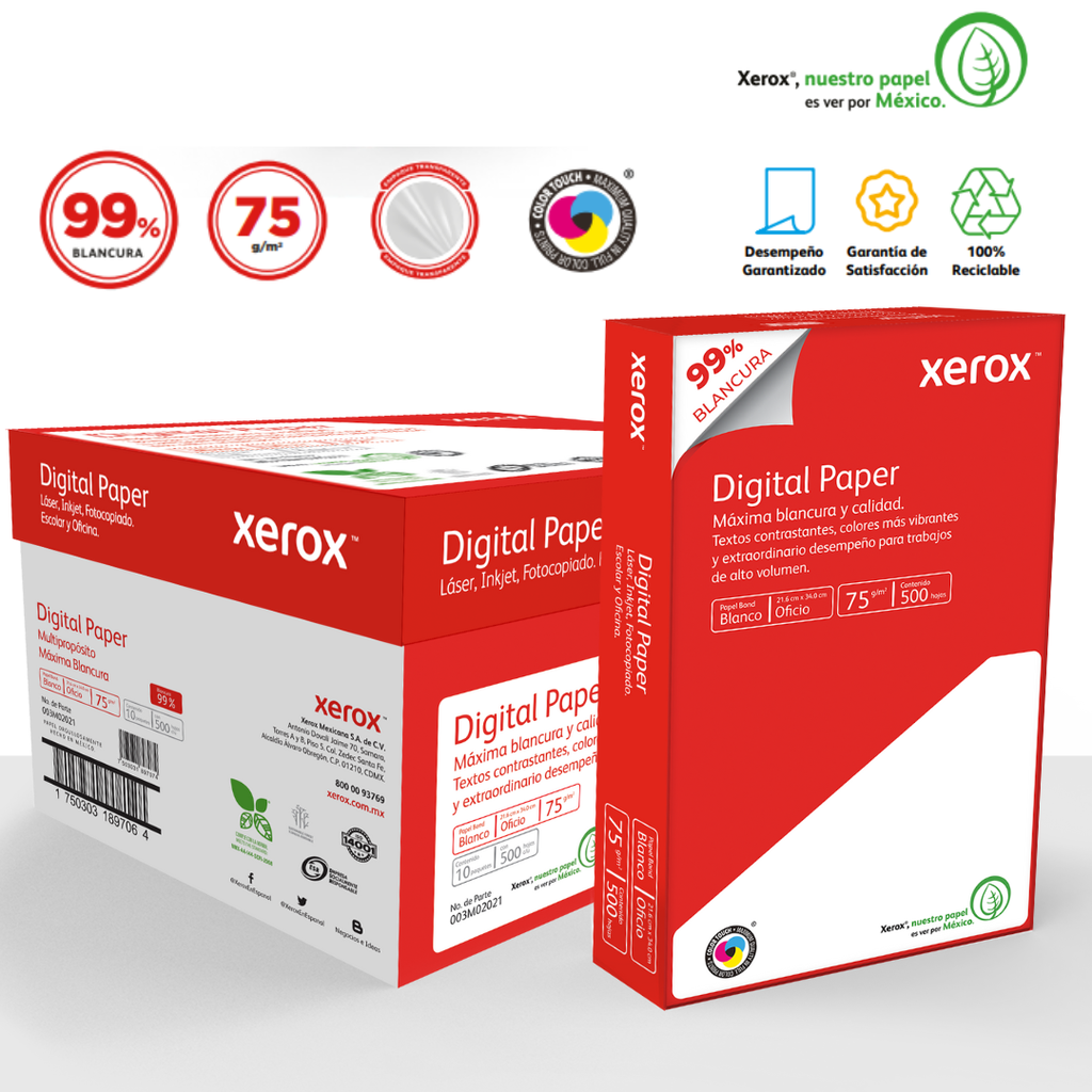 Papel Xerox  Bond Digital Paper Oficio 75 g/m² 99% de Blancura Caja con 10 Paquetes de 500 Hojas c/u