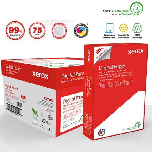 [3M2021 CAJA] Papel Bond Xerox Digital Paper Oficio 75 g/m² 99% de Blancura Caja con 10 Paquetes de 500 Hojas c/u