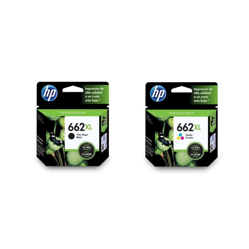[HP662XL-KIT] Combo HP 662 XL de Cartuchos de Tinta (Negro + Tri-Color), Tinta Original HP, Deskjet/HP662XL-KIT